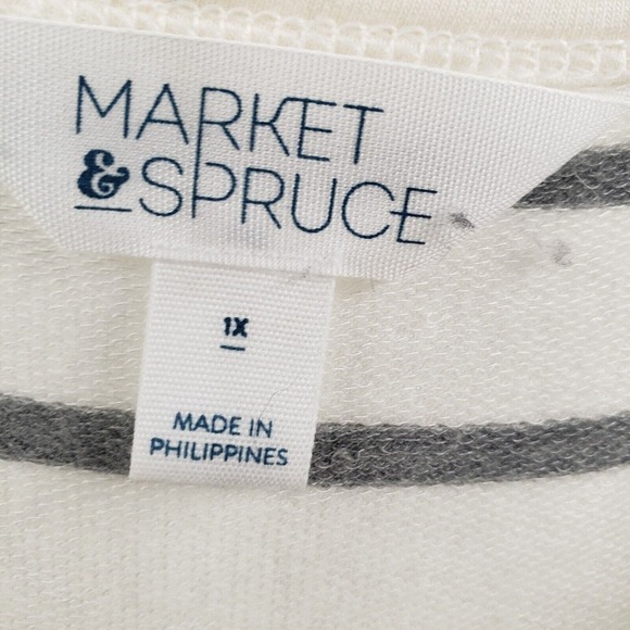 Market & Spruce 1x Striped Knit Top Womens Plus Long Sleeve Cream Black Tunic - Picture 4 of 11